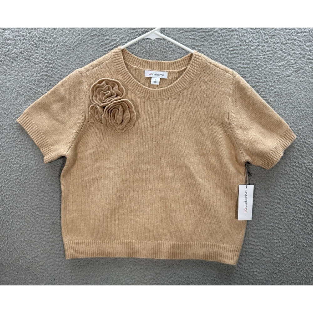 Liz Claiborne‎ Sweater Womens Large Tan Knit Polyester Wool Blend Preppy NEW